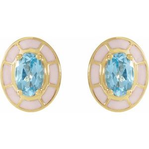 14K Yellow Gold Natural Sky Blue Topaz & White Enamel Stud Earrings