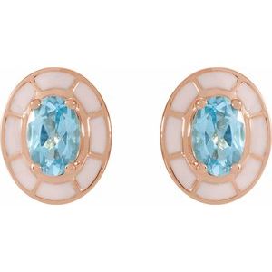 14K Rose Gold Natural Sky Blue Topaz & White Enamel Stud Earrings