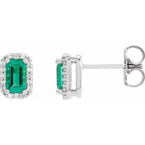 Sterling Silver Lab-Grown Emerald & .07 CTW Natural Diamond Halo-Style Earrings