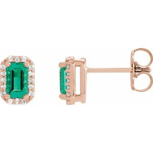 14K Rose Gold Lab-Grown Emerald & 1/6 CTW Natural Diamond Halo-Style Earrings
