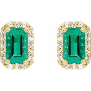 14K Yellow Gold Lab-Grown Emerald & 1/6 CTW Natural Diamond Halo-Style Earrings – image 2