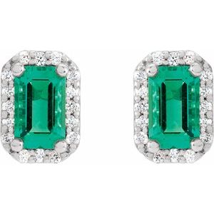 Sterling Silver Lab-Grown Emerald & 1/4 CTW Natural Diamond Halo-Style Earrings – image 2