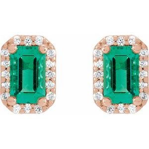 14K Rose Gold Lab-Grown Emerald & 1/8 CTW Natural Diamond Halo-Style Earrings – image 2