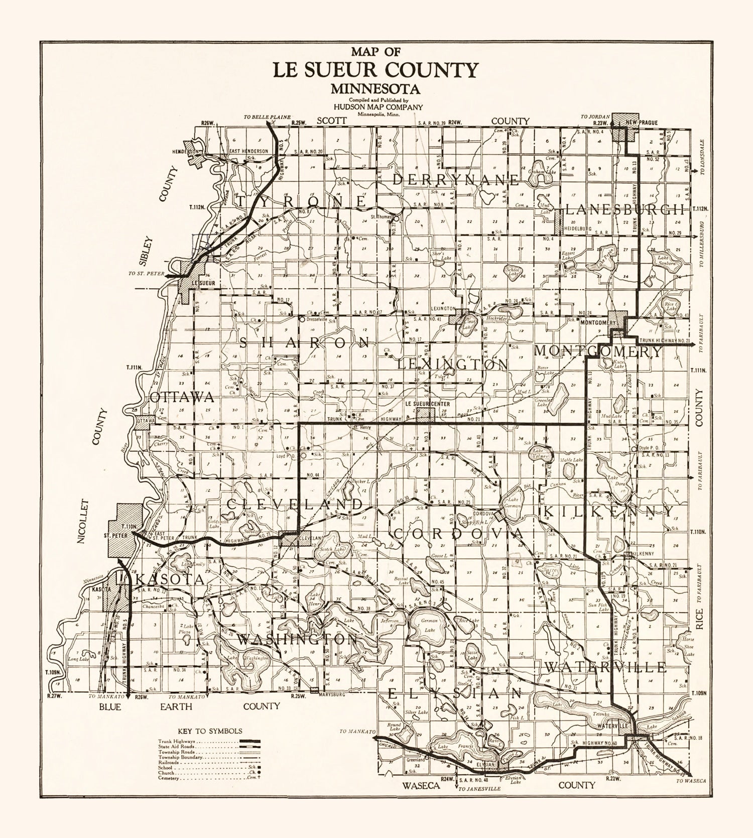 Vintage Map of Le Sueur County, Minnesota 1928