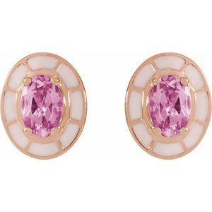 14K Rose Gold Natural Pink Tourmaline & Pink Enamel Stud Earrings