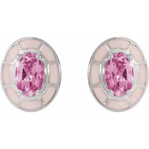 14K White Gold Natural Pink Tourmaline & Pink Enamel Stud Earrings