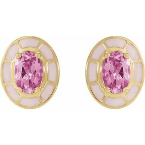 14K Yellow Gold Natural Pink Tourmaline & Pink Enamel Stud Earrings – image 2