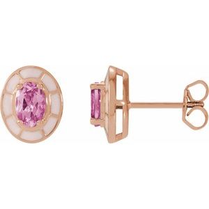 14K Rose Gold Natural Pink Tourmaline & Pink Enamel Stud Earrings