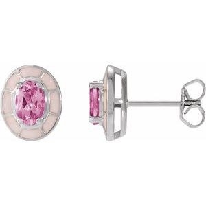 14K White Gold Natural Pink Tourmaline & Pink Enamel Stud Earrings