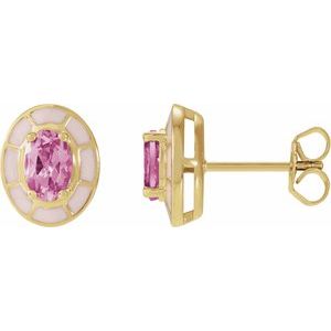 14K Yellow Gold Natural Pink Tourmaline & Pink Enamel Stud Earrings