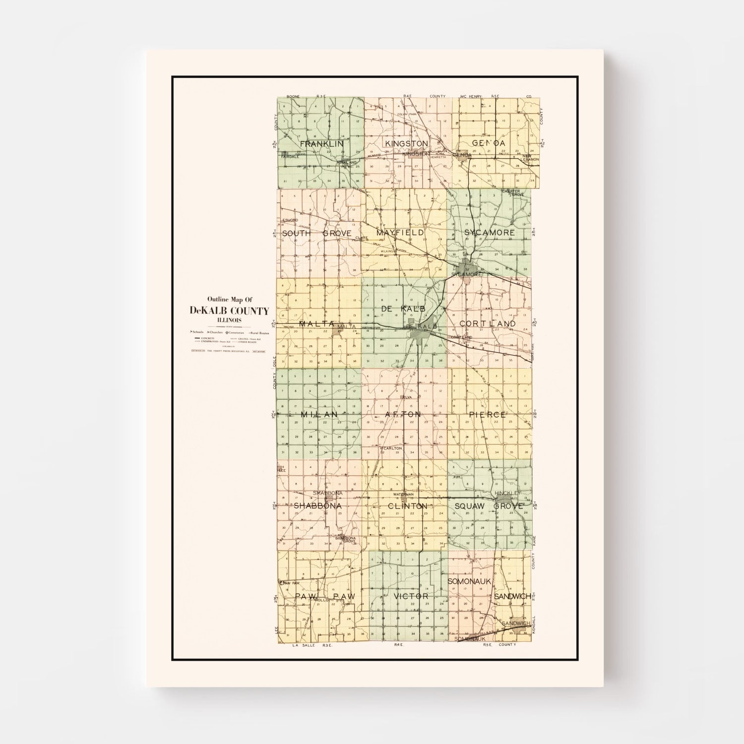 Vintage Map of De Kalb County, Illinois 1929