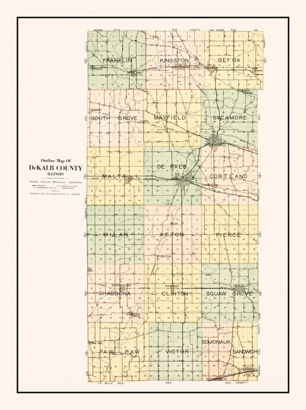 Vintage Map of De Kalb County, Illinois 1929
