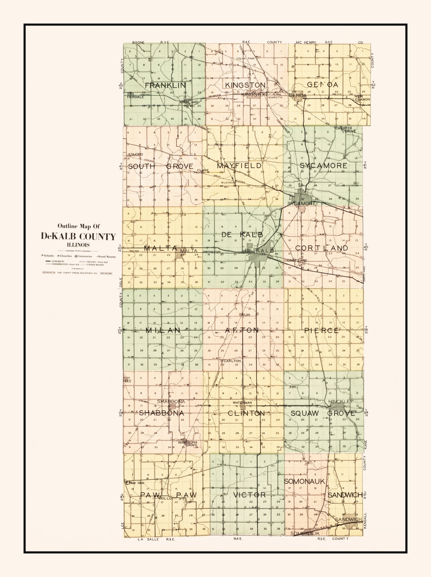 Vintage Map of De Kalb County, Illinois 1929