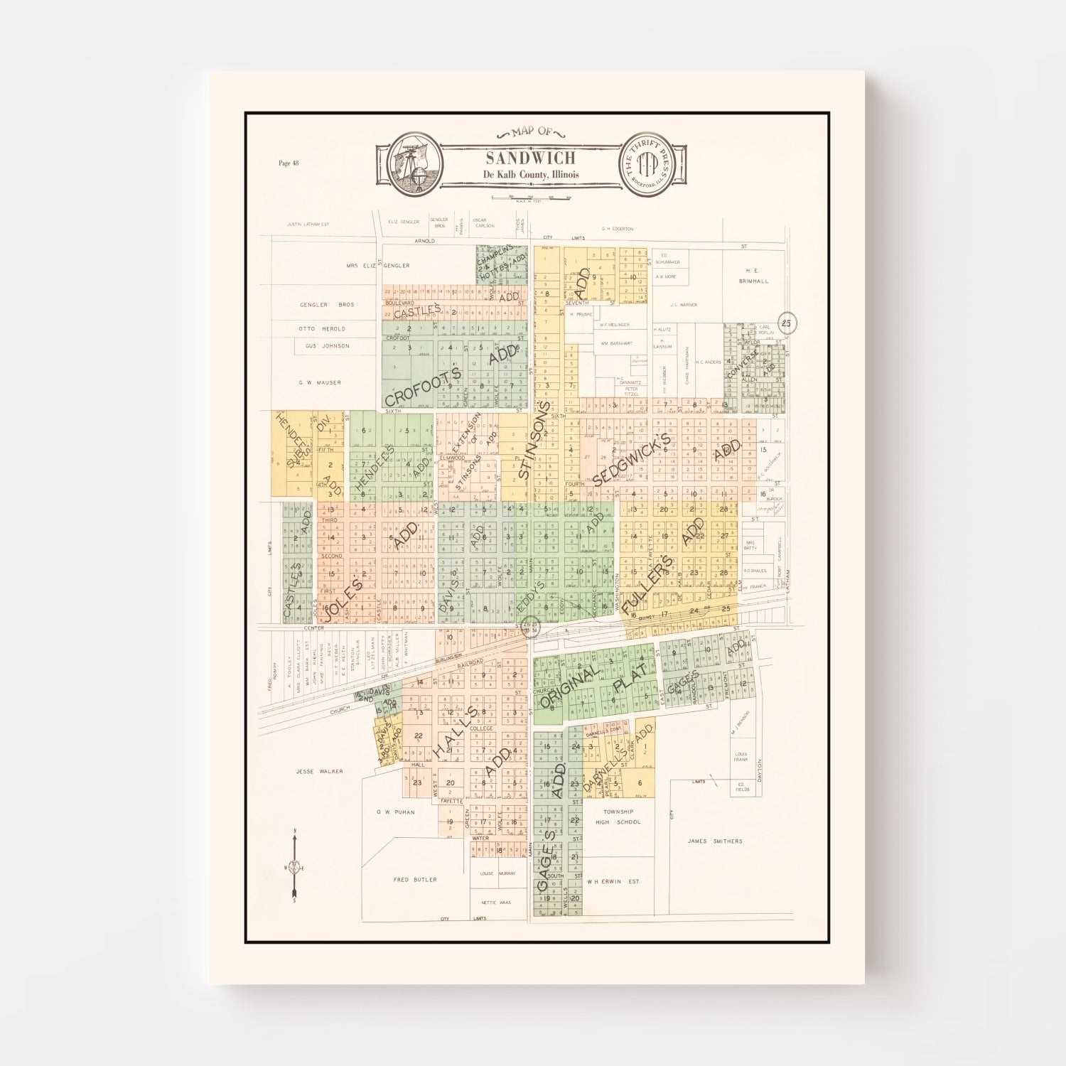 Vintage Map of Sandwich, Illinois 1929