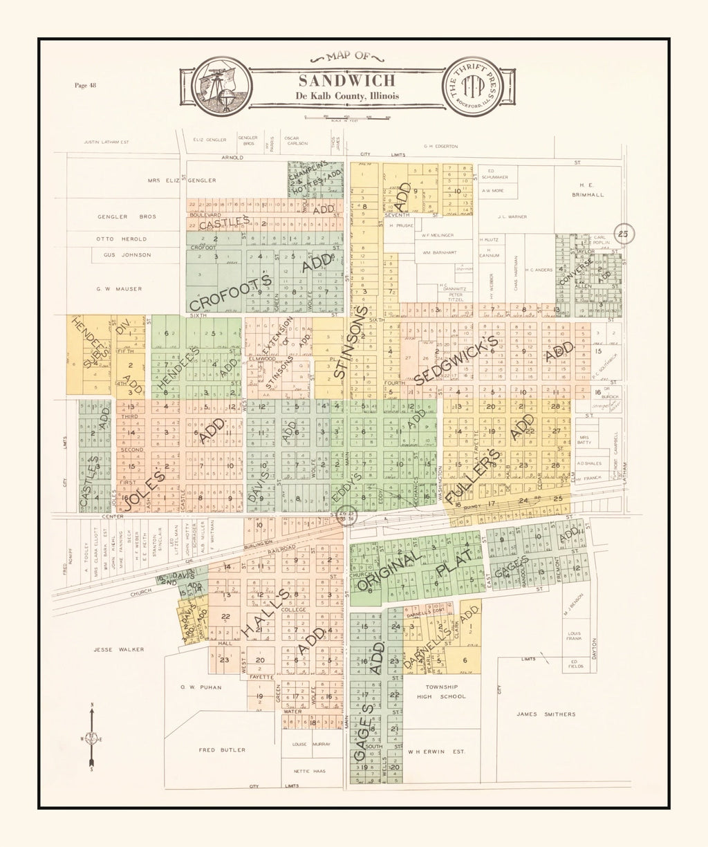 Vintage Map of Sandwich, Illinois 1929
