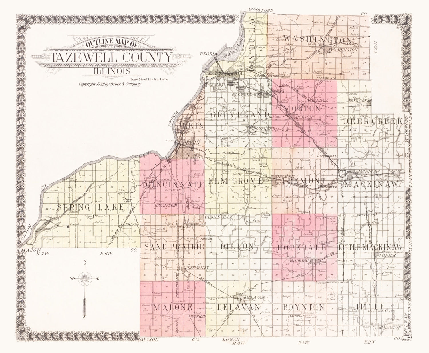 Vintage Map of Tazewell County, Illinois 1929