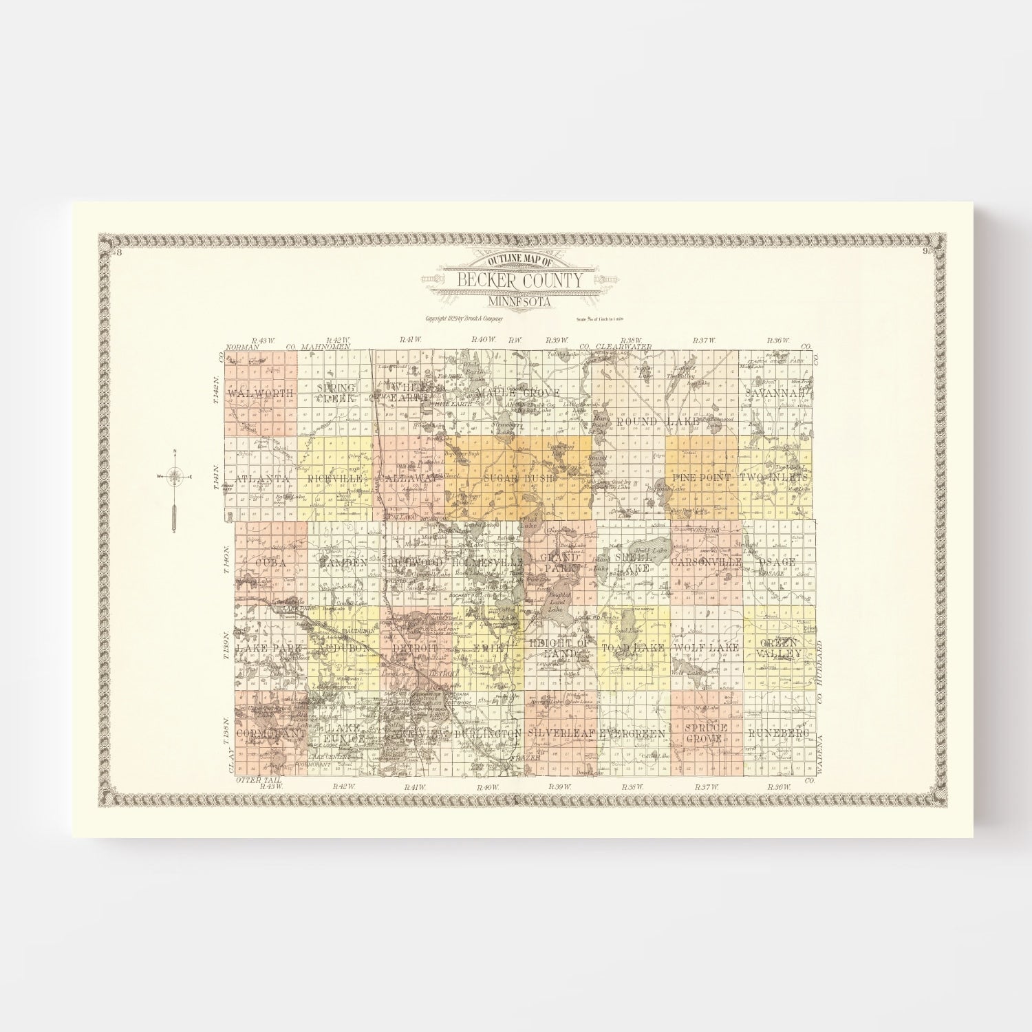 Vintage Map of Becker County, Minnesota 1929