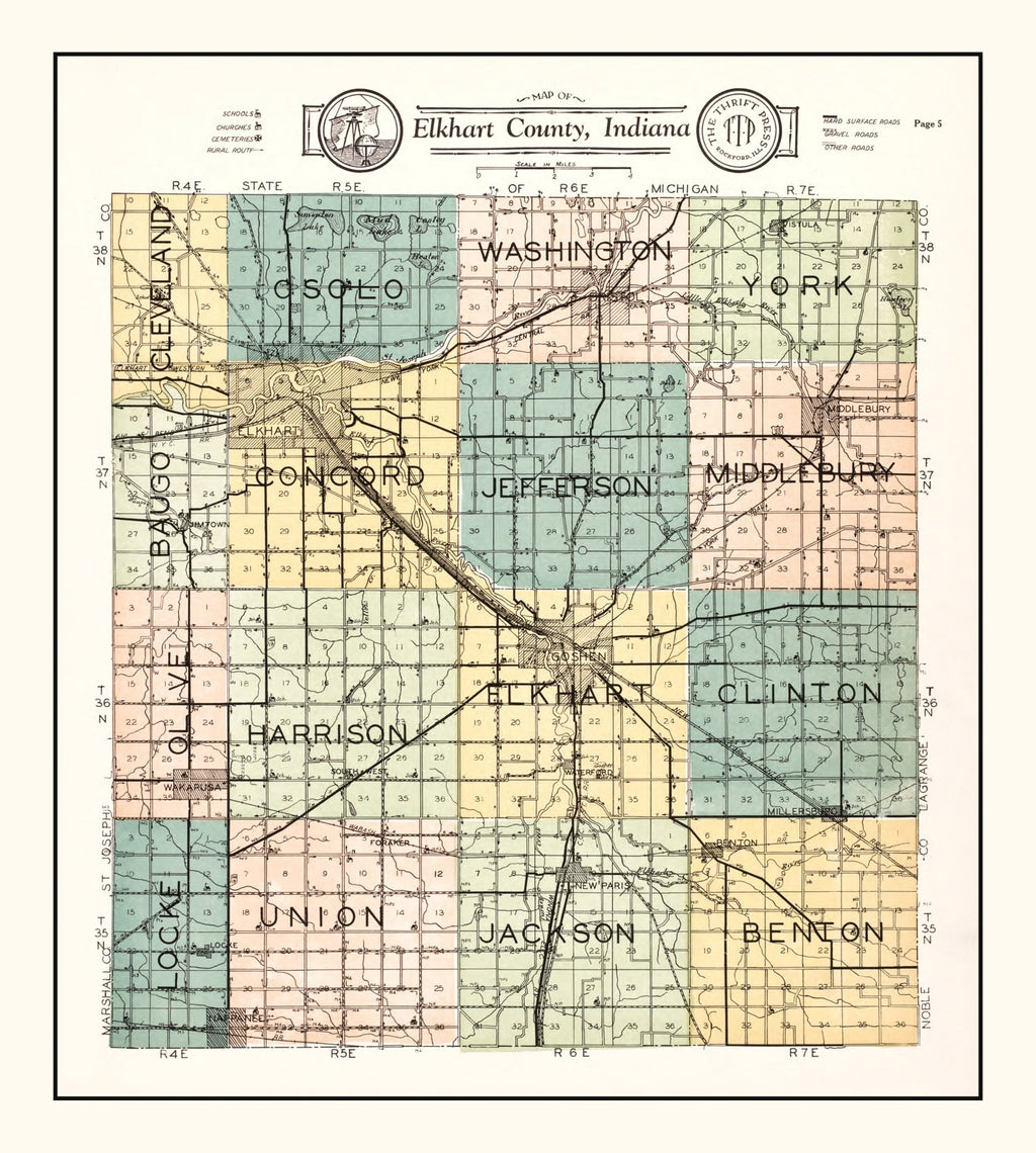 Vintage Map of Elkhart County, Indiana 1929