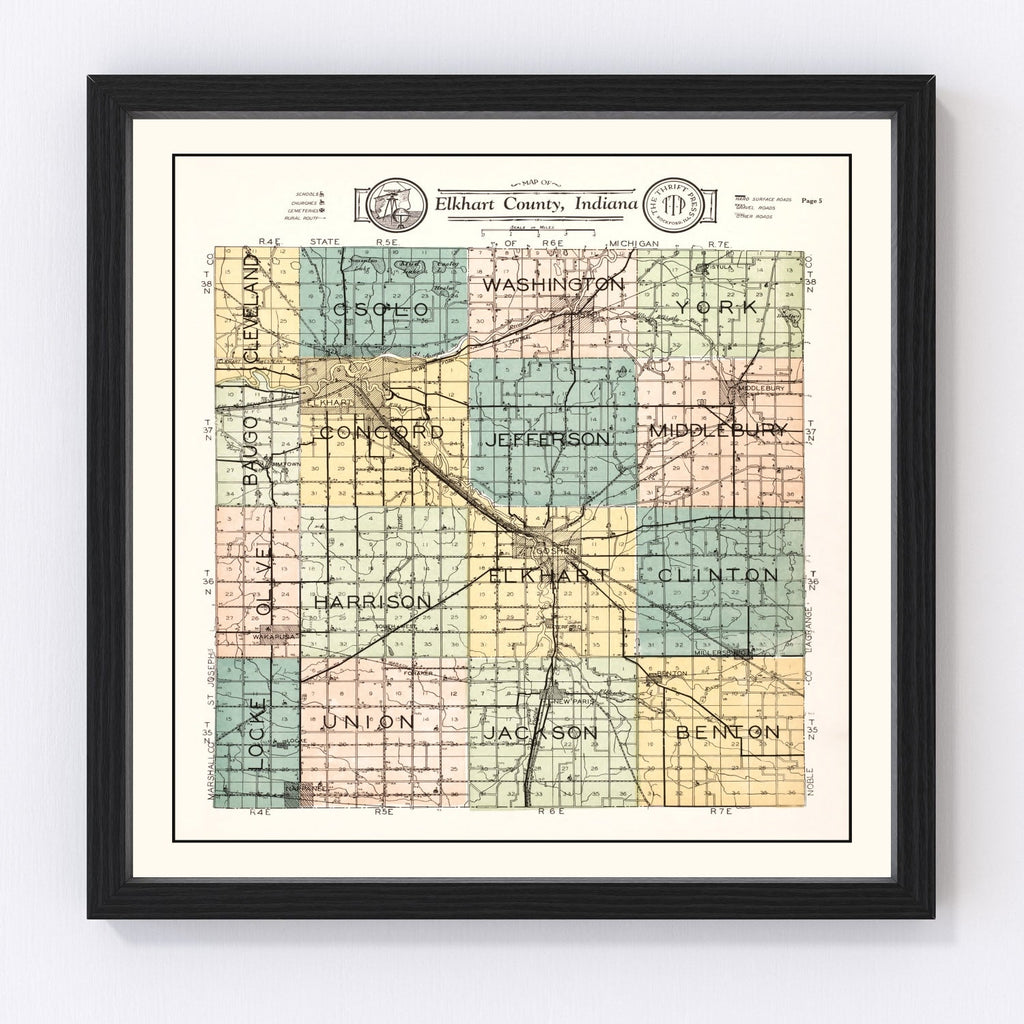 Vintage Map of Elkhart County, Indiana 1929