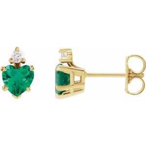 14K Yellow Gold Lab-Grown Emerald & .06 Natural Diamond Stud Earrings