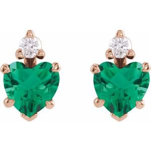 14K Rose Gold Lab-Grown Emerald & .06 Natural Diamond Stud Earrings – image 2