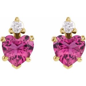 14K Yellow Gold Natural Pink Tourmaline & .06 Natural Diamond Stud Earrings