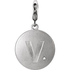 Sterling Silver .005 CT Natural Diamond Initial V Charm/Pendant