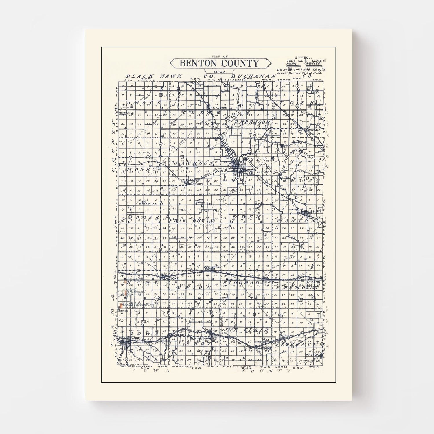 Vintage Map of Benton County, Iowa 1930