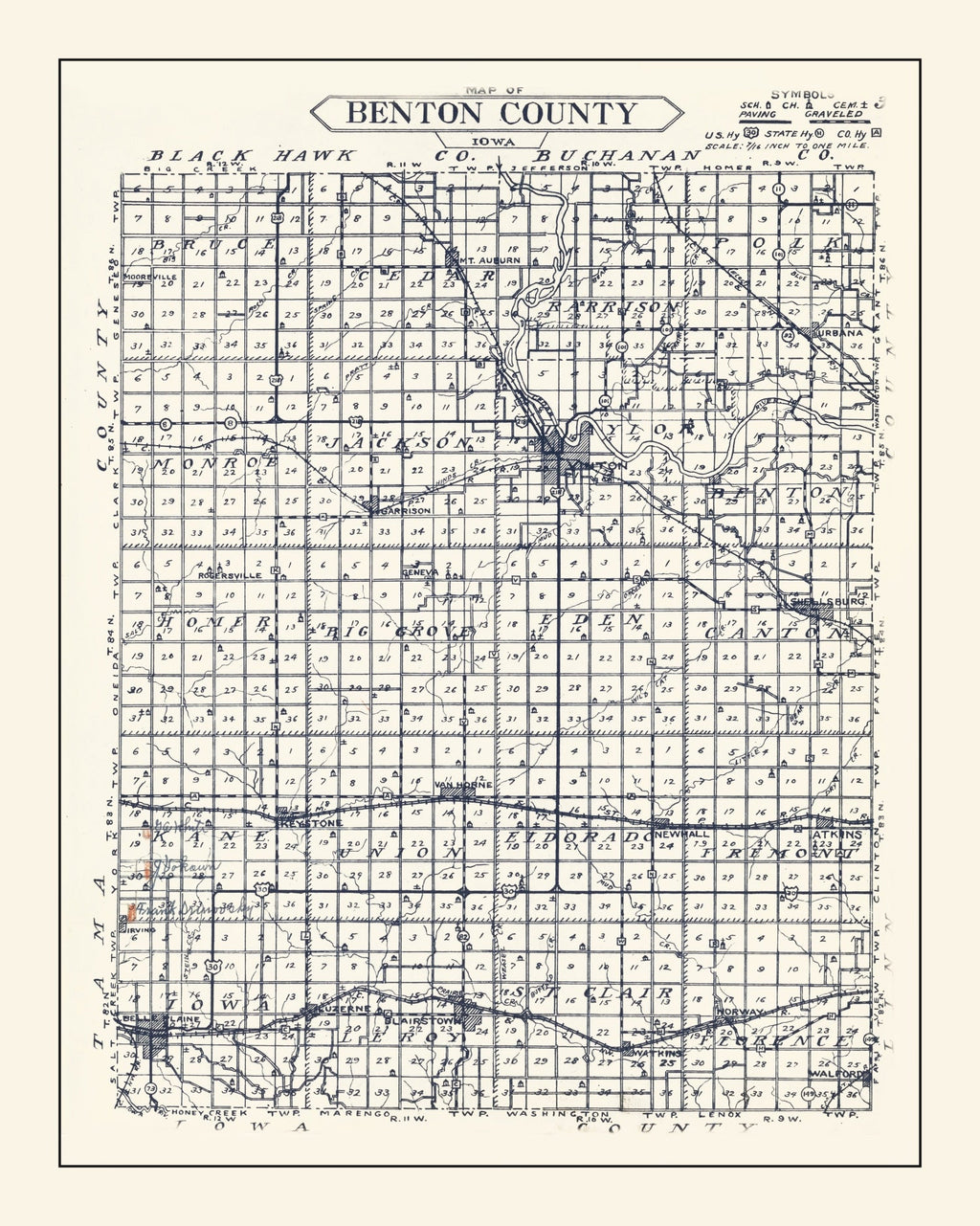 Vintage Map of Benton County, Iowa 1930