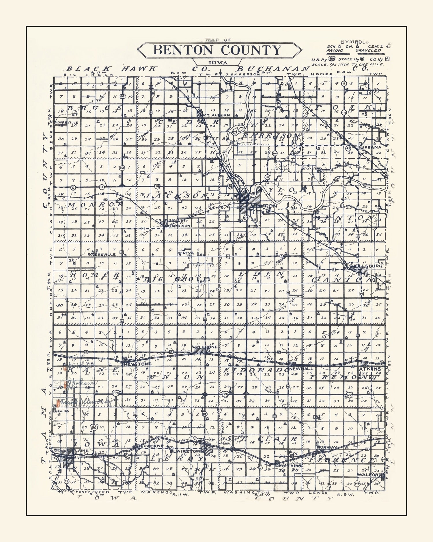 Vintage Map of Benton County, Iowa 1930