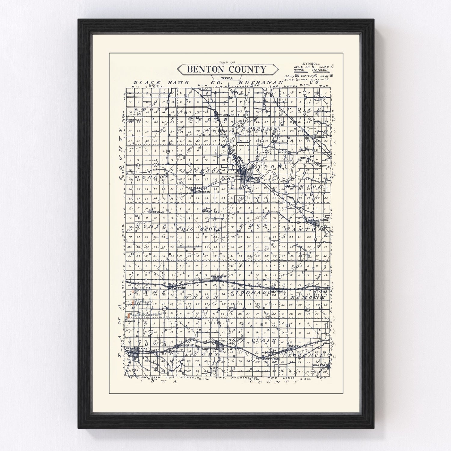 Vintage Map of Benton County, Iowa 1930