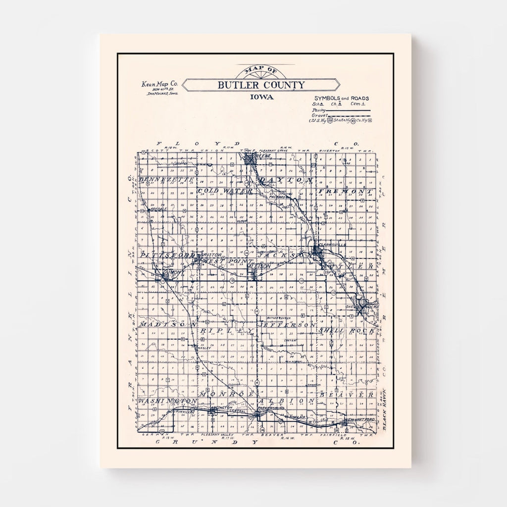 Vintage Map of Butler County, Iowa 1930