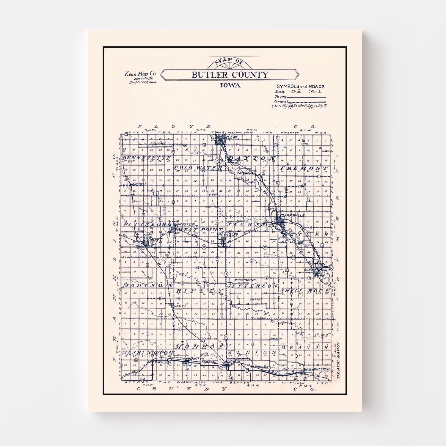 Vintage Map of Butler County, Iowa 1930