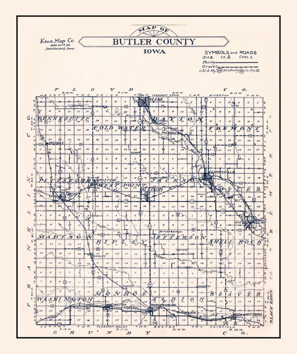 Vintage Map of Butler County, Iowa 1930
