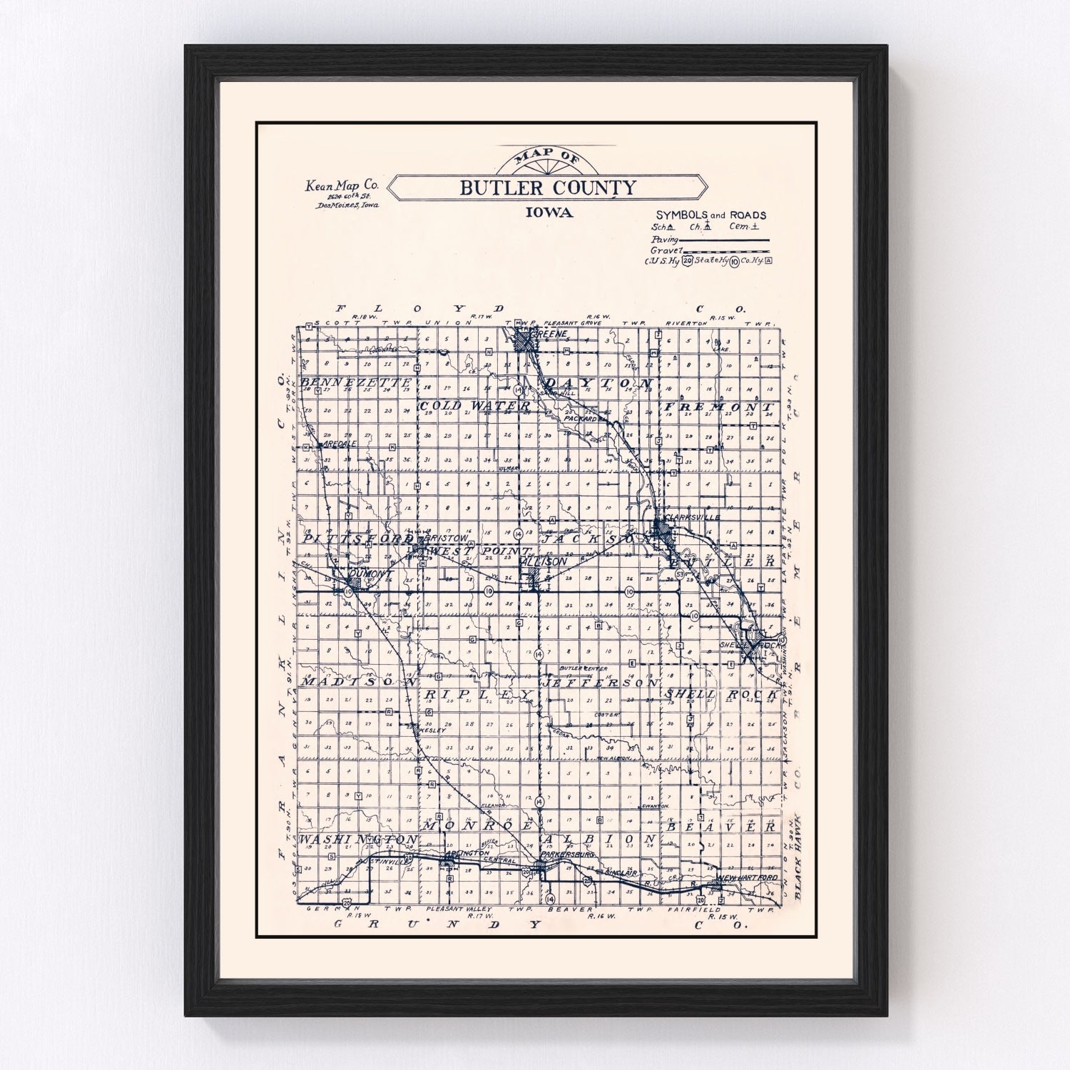 Vintage Map of Butler County, Iowa 1930