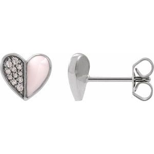14K White Gold 1/10 Natural Diamond & Pink Enamel Heart Earrings