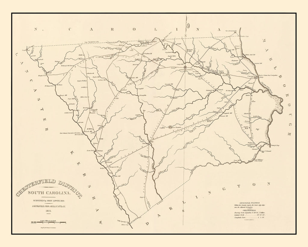 Vintage Map of Chesterfield County, South Carolina 1825