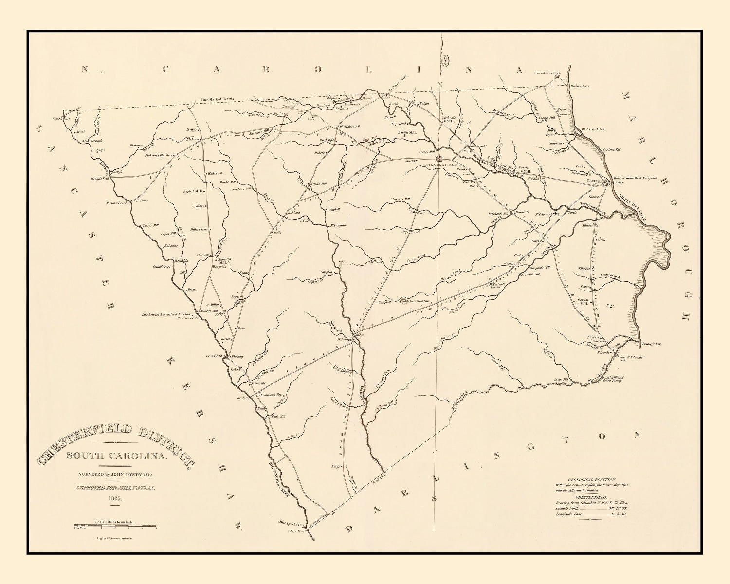 Vintage Map of Chesterfield County, South Carolina 1825