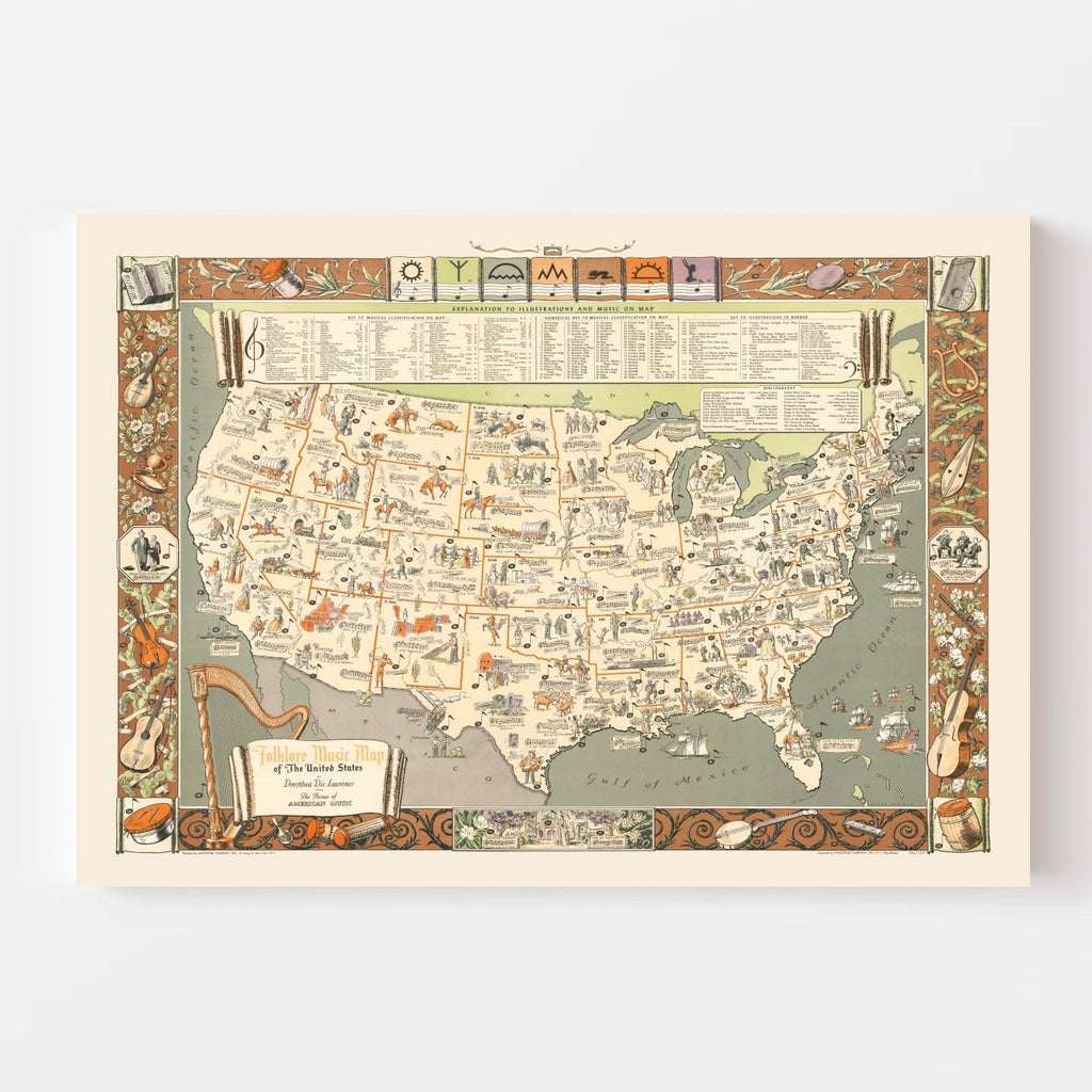 Vintage Folklore Music Map of the United States 1946