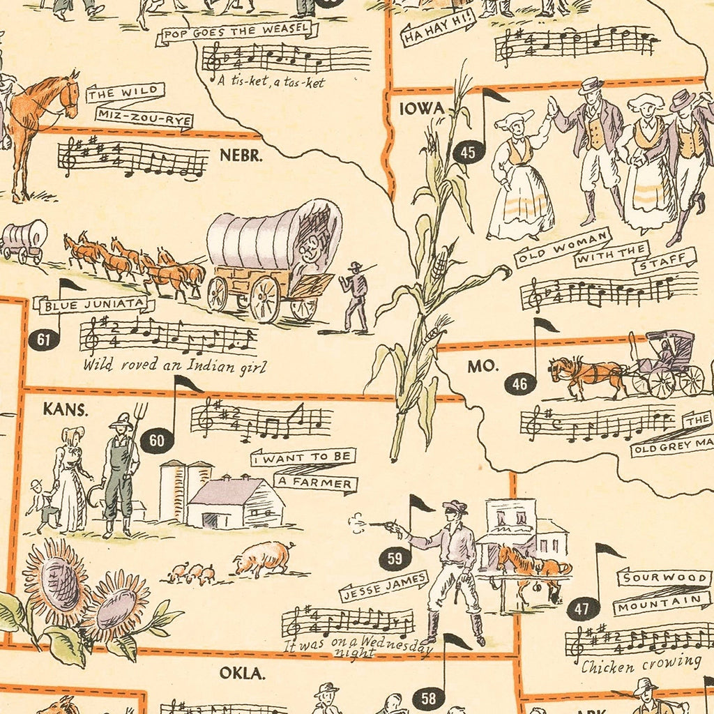 Vintage Folklore Music Map of the United States 1946