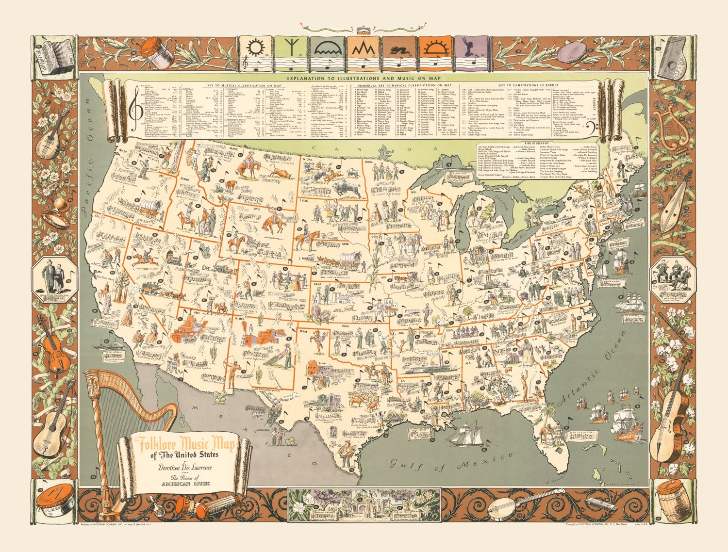 Vintage Folklore Music Map of the United States 1946
