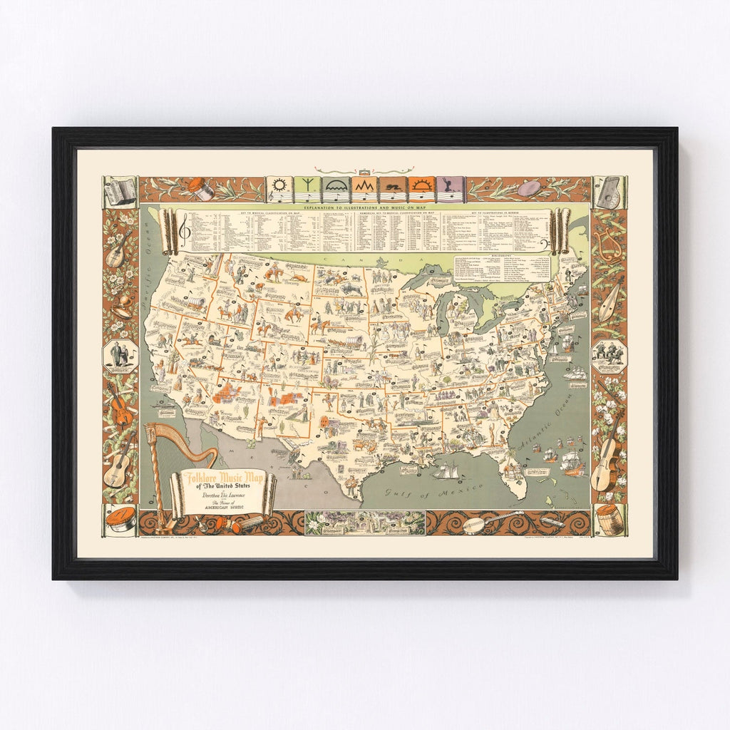 Vintage Folklore Music Map of the United States 1946