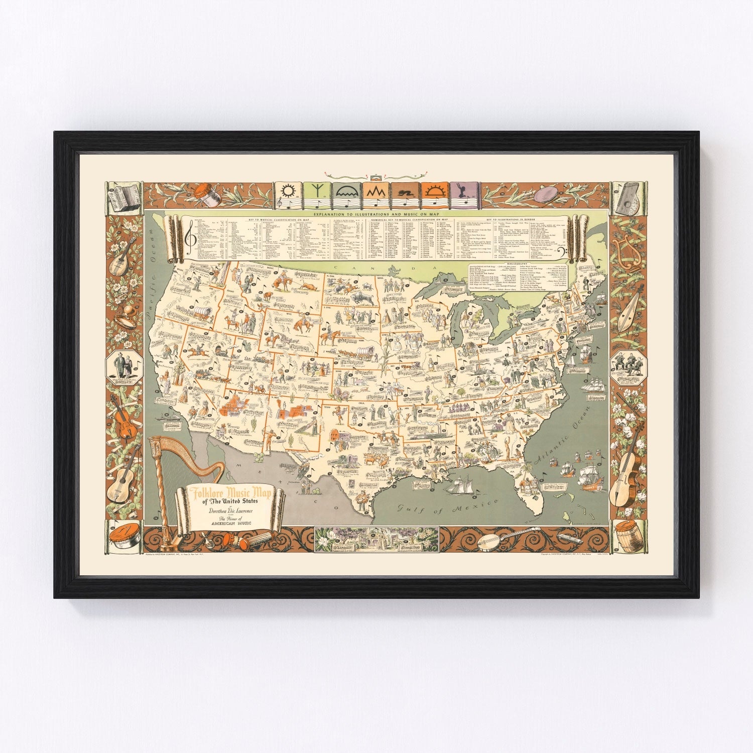 Vintage Folklore Music Map of the United States 1946