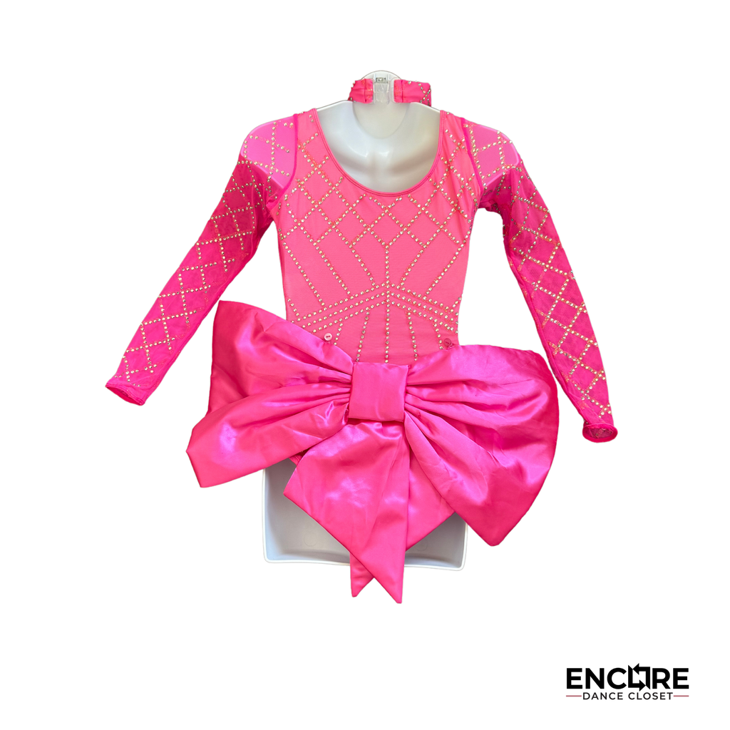 Hot Pink Mesh Leotard with Removable Satin Bow