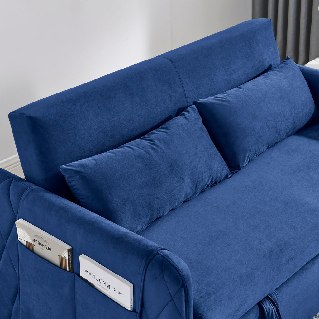 55' Modern Convertible Sofa Bed with 2 Detachable Arm Pockets, Velvet Loveseat Sofa with Pull Out Bed, 2 Pillows and Living Room Adjustable Backrest, Grid Design Armrests