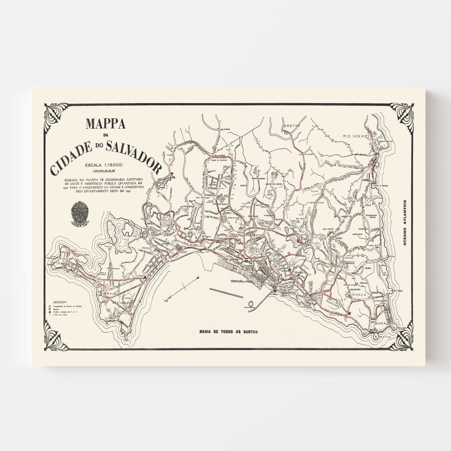 Vintage Map of Salvador, Brazil 1931