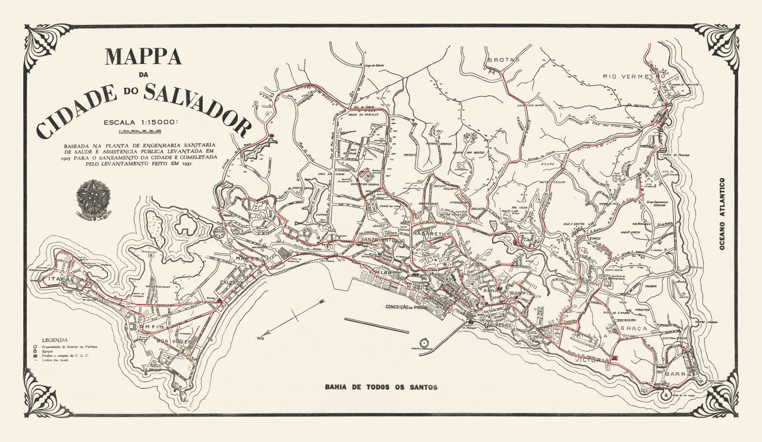 Vintage Map of Salvador, Brazil 1931