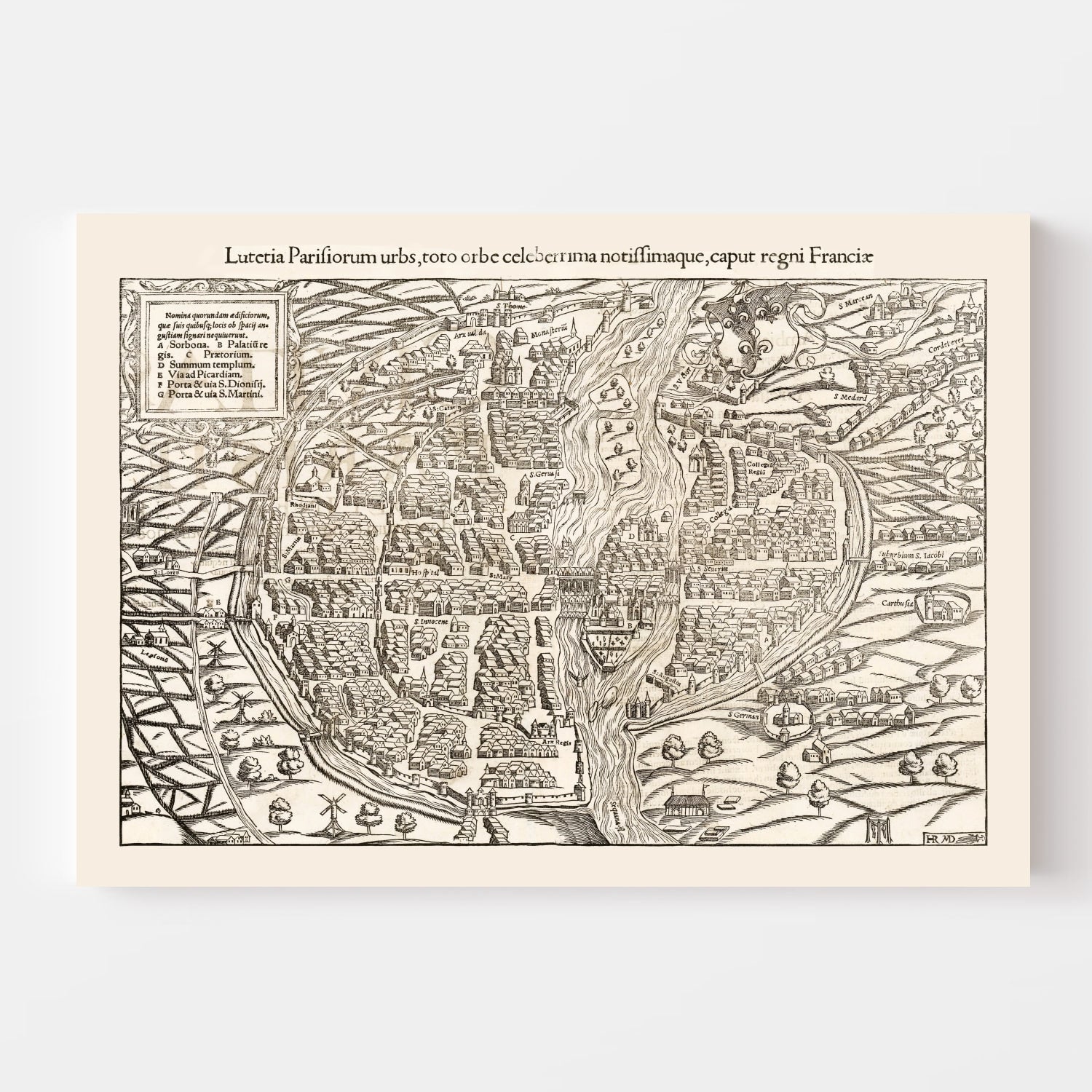 Vintage Map of Paris, France 1550