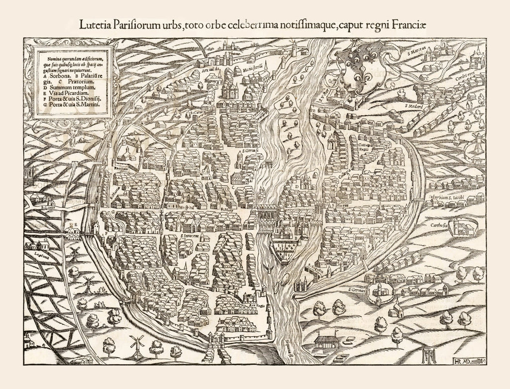 Vintage Map of Paris, France 1550