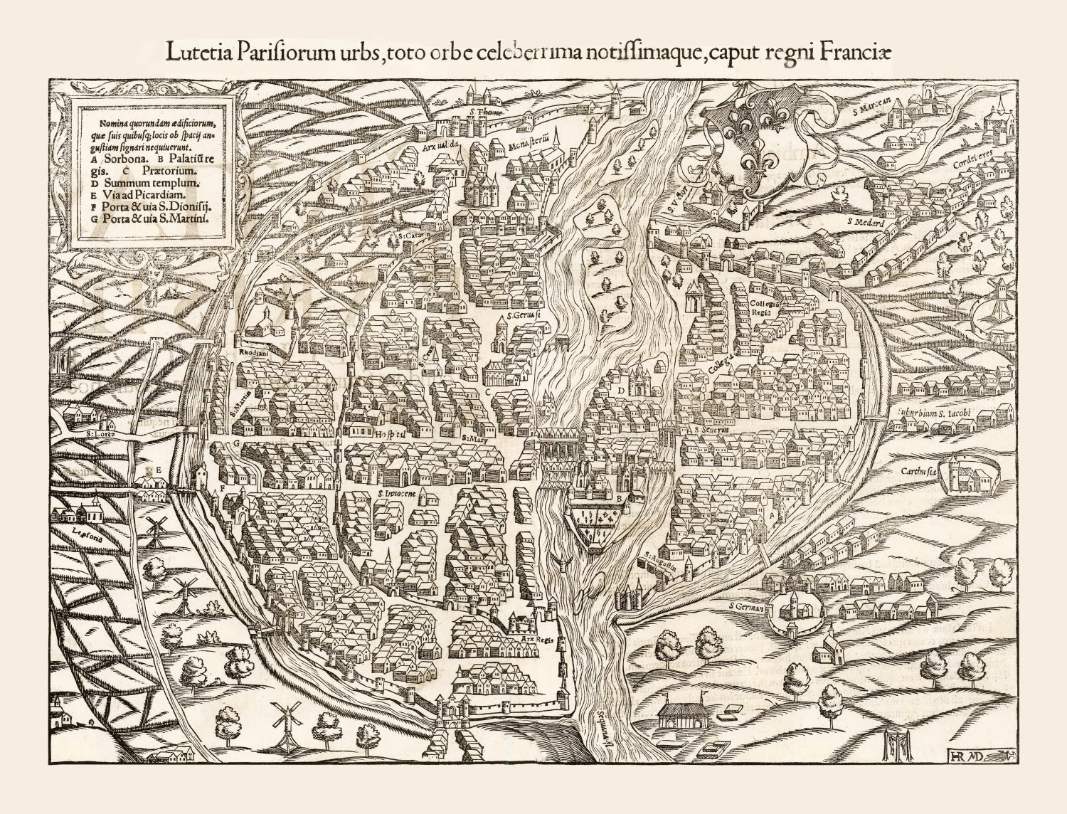 Vintage Map of Paris, France 1550